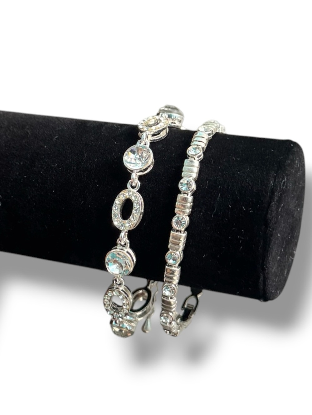 2 Silver Tone Crystal Bracelets Clear Rhinestone Tennis Bracelet Lot Set